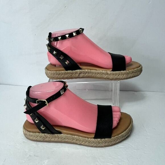 Steve Madden Sandal Womens 8 Black Studded Leather Ankle Strap Espadrille Buckle - Picture 4 of 10